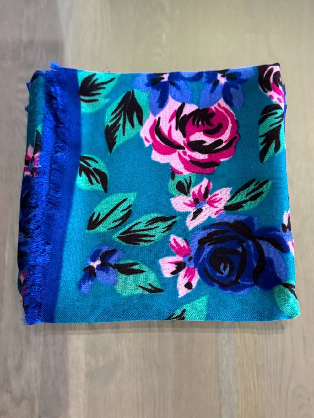 Vintage Japan Acrylic Square Scarf,Vibrant Rose Floral w/ Fringe,Great Condition